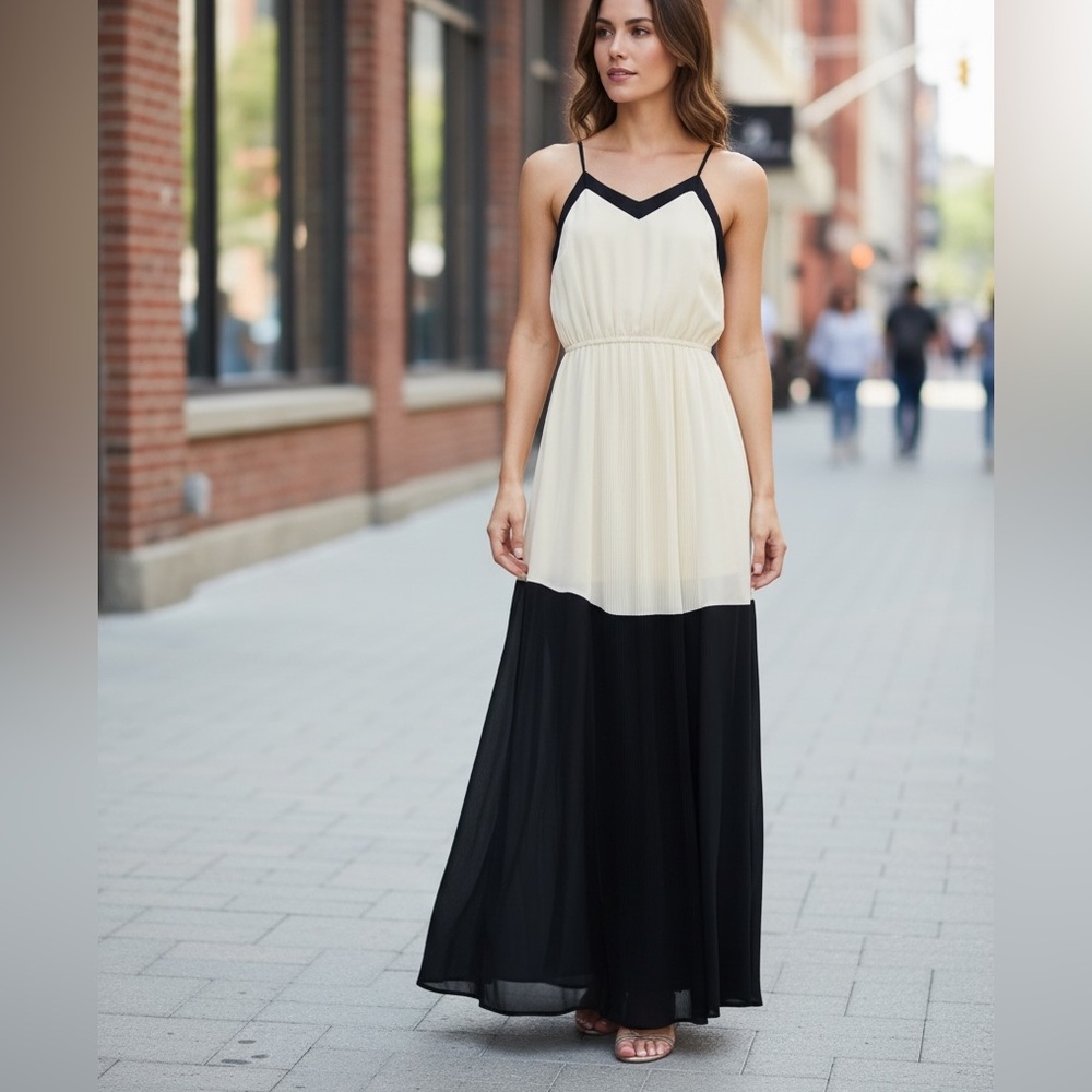 Umgee | Black & Cream Colorblock Pleated Maxi Dress - Elegant- Vacation